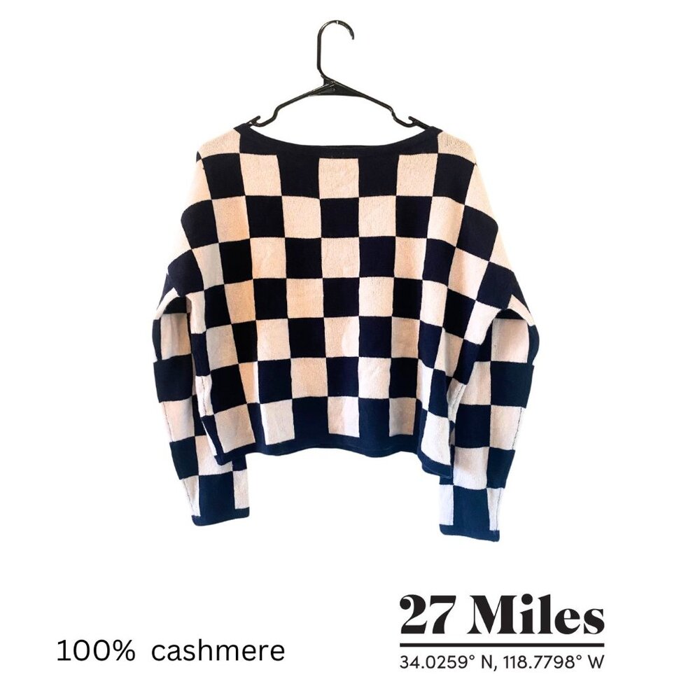 Cashmere boatneck 27 Miles Malibu blue and white checkered pullover thin sweater